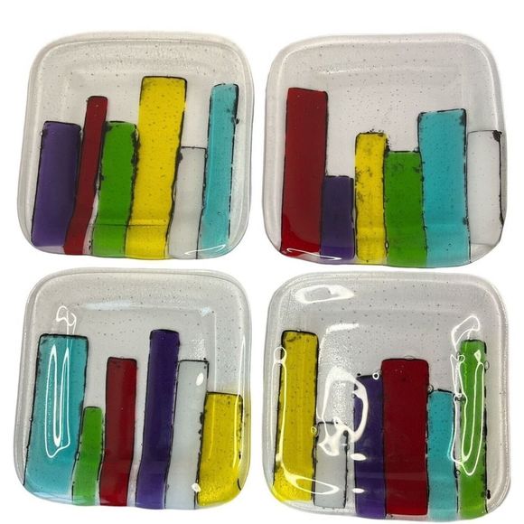 Unmarked Other - Fused Art Glass Square Plates Geometric Bar Design. set Of 4